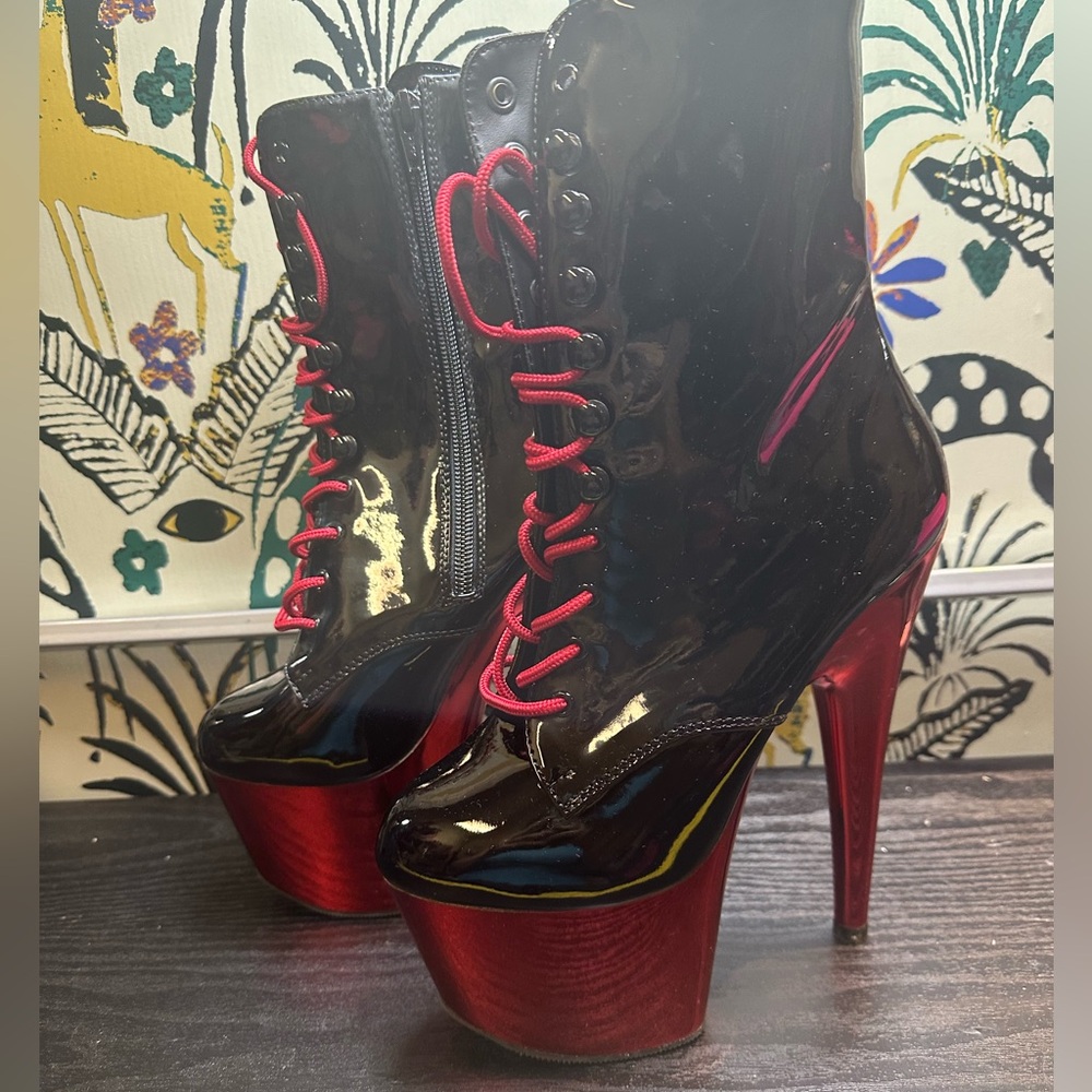 Pleaser Black Patent Platform Heels with Red Laces and Red Metallic Platform